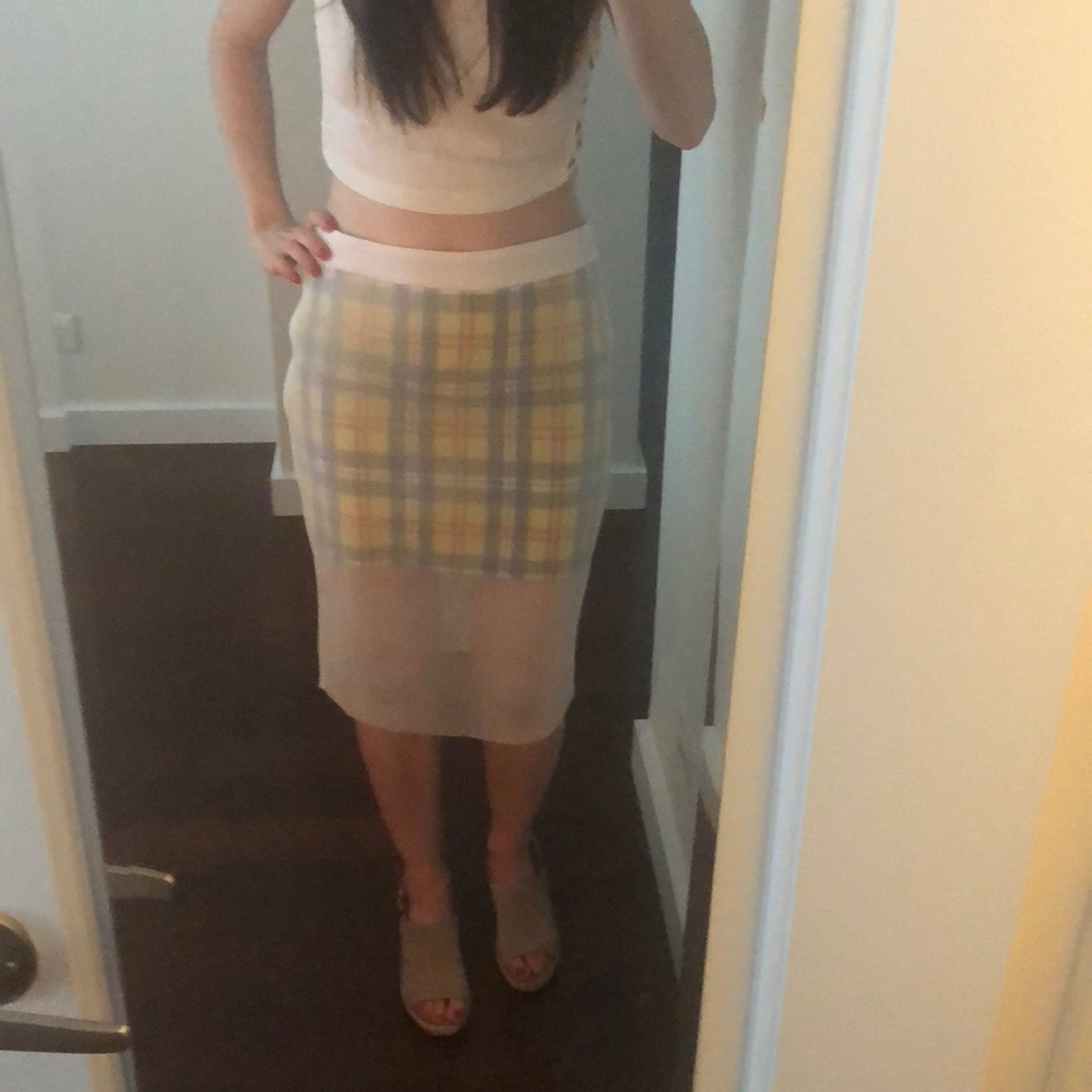 Plaid and mesh pencil skirt